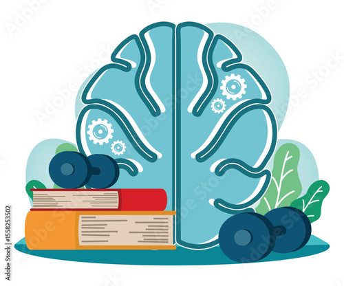 Mind fitness concept.  Brain Health Featuring Books and Dumbbells.