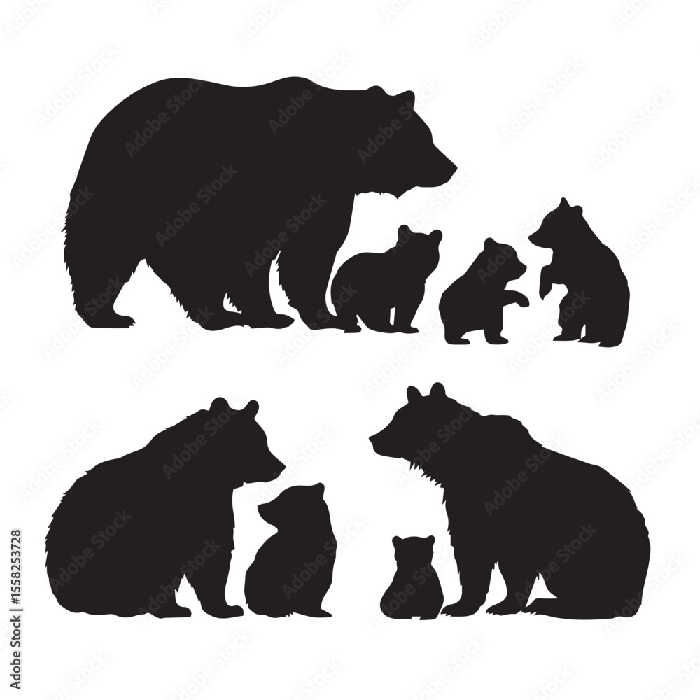 Fototapeta premium bear family silhouette set, Black & White silhouette set 