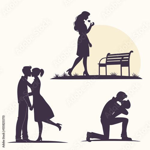 Romantic silhouettes depicting love story moments including a couple kissing a woman smelling a flower and a marriage proposal