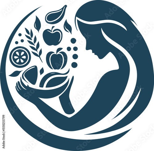 stylized logo of a woman with long flowing hair, holding various fruits and vegetables