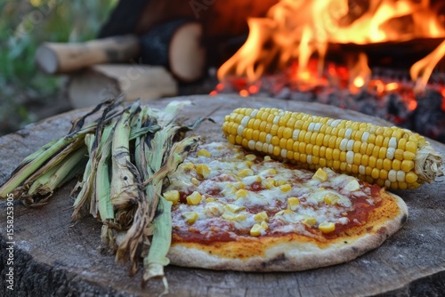 Delicious homemade pizza with cheese and corn next to roasted corn and wild grasses, served by an open fire for a warm outdoor dining experience in nature.