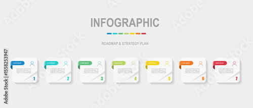For business concept with 7 steps infographics,  rectangle shape with multicolor label,  design for workflow layout, diagram, annual report, web design. vector
