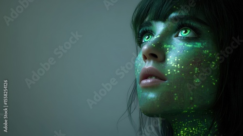 AI-inspired close-up of a humanlike figure with detailed digital circuitry skin, radiant green eyes, dark hair around a serene face, and a soft gradient background for dramatic focus