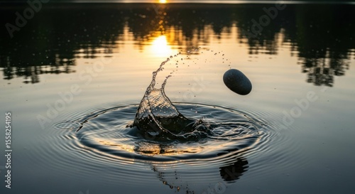 Rock skipping on a lake at sunset creating water splash ripples