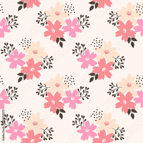 Seamless Floral Pattern with Pink, Peach and Cream Flowers on Light Background Vector Illustration