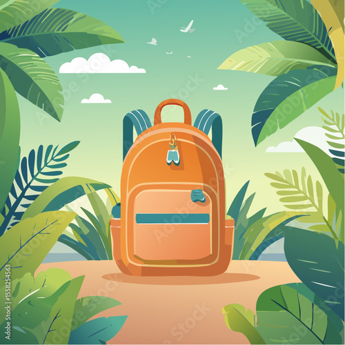 A school backpack opening into a jungle adventure – learning is an exploration.
