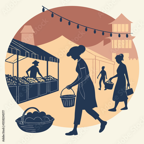 Silhouettes of people shopping at an outdoor market with stalls and string lights under a warm sky with distant buildings