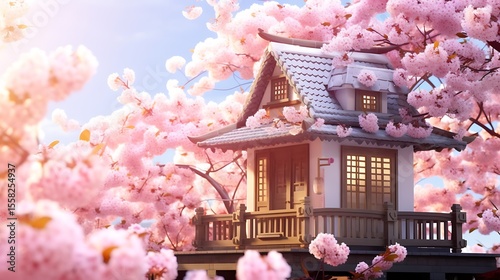 Old town temple with Japanese cherry blossoms and festive Christmas lights
