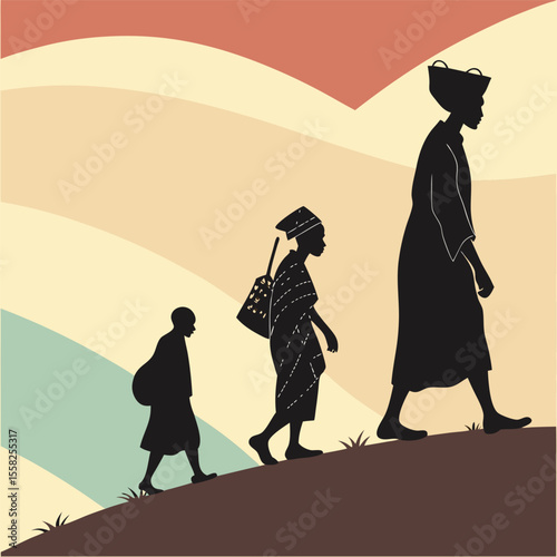 Three generations of african women walking uphill carrying baskets and bags symbolizing journey and heritage