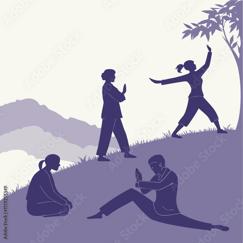Silhouettes of people practicing tai chi and meditation outdoors on a grassy hillside with mountains in the background