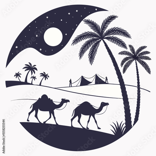 Two camels walk across a desert landscape under a starry night sky with a full moon and silhouetted palm trees and tents