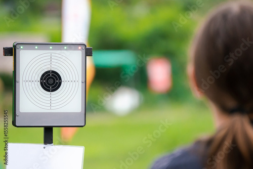 sports shooting range with targets prepared for firearms shooting - shooting training laser gun.