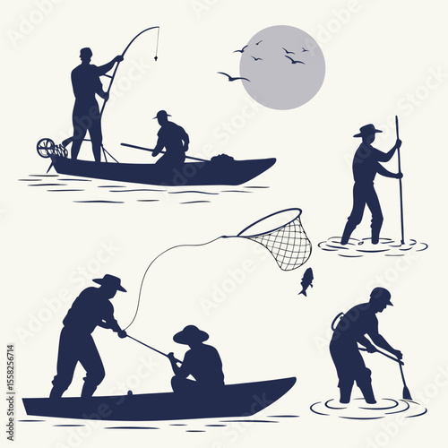 Silhouettes of fishermen engaged in various fishing activities on a calm lake under a hazy sun with birds flying overhead