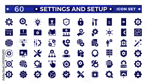 Settings and setup solid icon set. Containing options, configuration, preferences, adjustments, operation, gear, control panel, equalizer, optimization and setup icons. Solid icon collection.