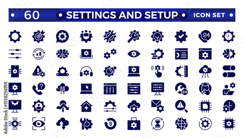 Settings and setup solid icon set. Containing options, configuration, preferences, adjustments, operation, gear, control panel, equalizer, optimization and setup icons. Solid icon collection.