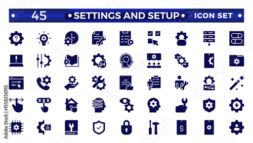 Settings and setup solid icon set. Containing options, configuration, preferences, adjustments, operation, gear, control panel, equalizer, optimization and setup icons. Solid icon collection.