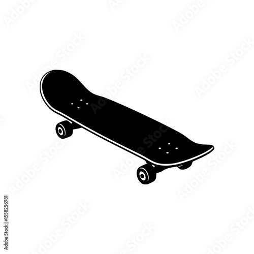 Black silhouette of a skateboard with curved edges and visible wheels