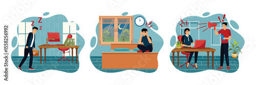 Sleep deprivation concept. Sleep behavior disorder. Work pressure.