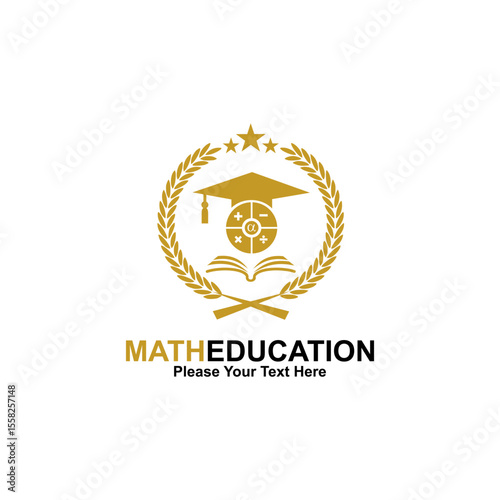 Math Education vector logo with graduation cap, book, and mathematical symbols.