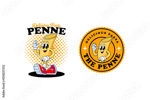 penne italian pasta mascot set in retro cartoon style for food and product label, branding, packaging or merchandise. penne pasta character graphic. classic italian penne cartoon illustration badge