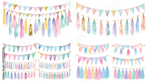 Watercolor bunting banners and tassels in pastel colors, perfect for party decoration, invitations, baby showers, and festive celebrations.

