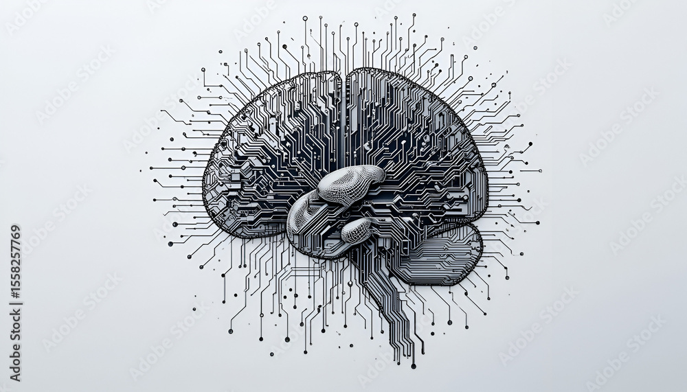 Obraz premium Digital brain art shows connectivity and artificial intelligence, with circuitry design enhancing neural networks and modern technology.