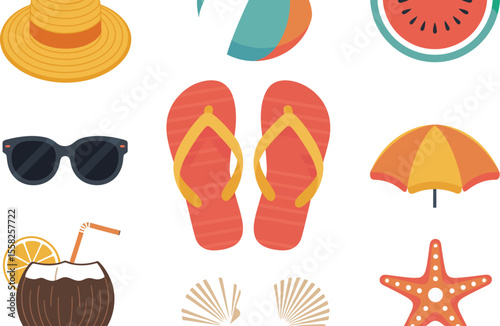 Illustration of summer beach items including hat and sunglasses
