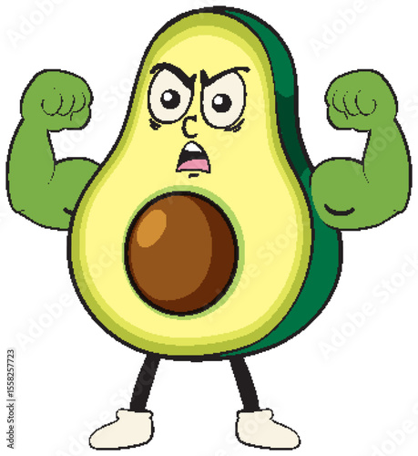Strong Avocado Cartoon with Muscular Arms