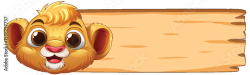 Cute Lion Cub with Wooden Sign