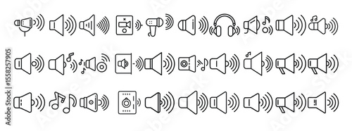 Sound Icon Set. Containing volume, mute, speaker, music, audio, headphone, mic and soundwave icons. Solid icon collection.