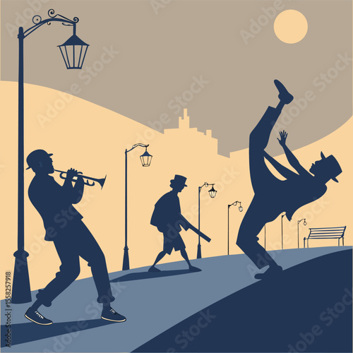 Silhouetted jazz musicians and a dancer perform on a city street at dusk under streetlights with a full moon overhead
