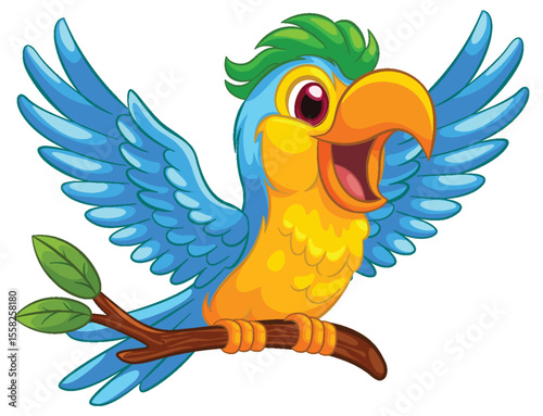 Colorful Cartoon Macaw on a Branch