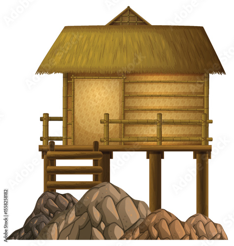 Traditional Thai Stilt House with Thatched Roof