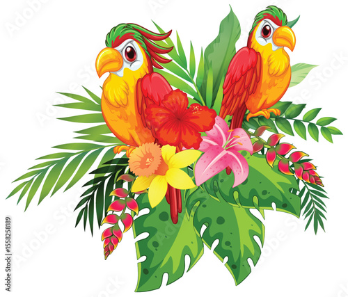 Colorful Birds with Tropical Flowers Illustration
