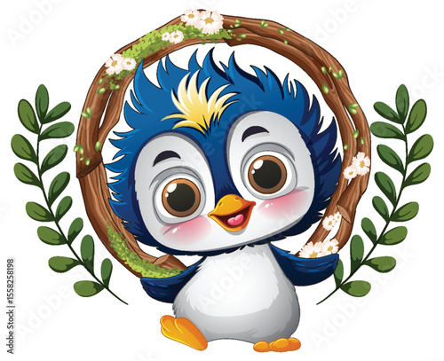 Cute Penguin with Floral Wreath