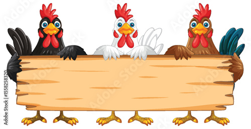 Chickens Holding a Wooden Sign