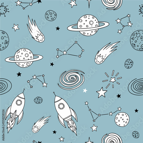 A seamless pattern features black-and-white, hand-drawn space doodles, including rockets, planets, and constellations, set against a dusty blue background. Vector Patterns