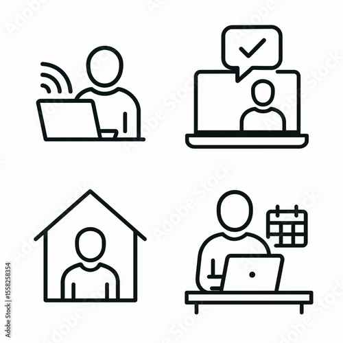 Remote work icons show people working online at home, communicating via video calls, and managing schedules, depicted in a clean, modern line art style.