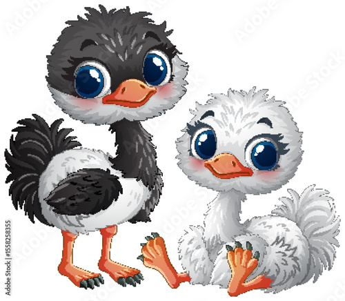 Adorable Baby Ostriches in Cartoon Style