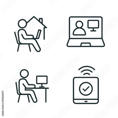 Work from home concept presents remote office, video conference, desk, and digital device icons.