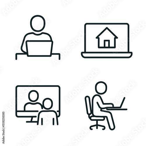 Work from home vector icons showing remote worker, video call, online meetings and real estate search on a laptop screen.