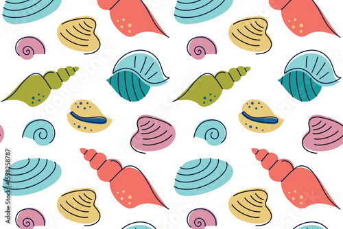 Flat cartoon vector illustration pattern with colorful seashells. Decorative marine design for beach products, summer packaging, childrens items, ocean and vacation concepts, bakcground for wallpaper