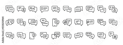 Chat and Message Icon Set. Containing speech bubble, conversation, text message, chat box, feedback, comment, and communication icons. Solid icon collection.