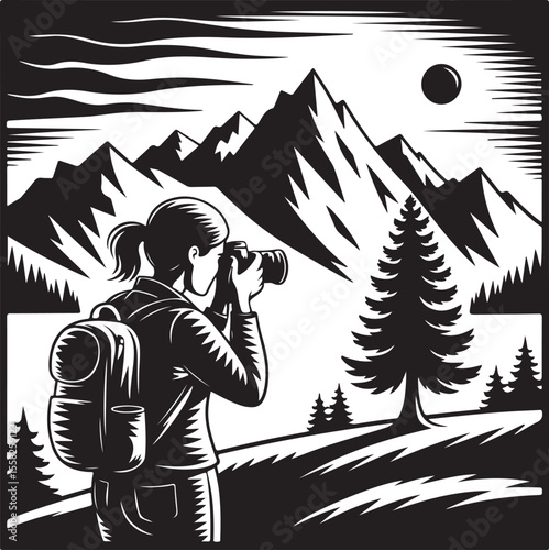 Mountain Photographer Silhouette Capturing Scenic Landscape in Nature