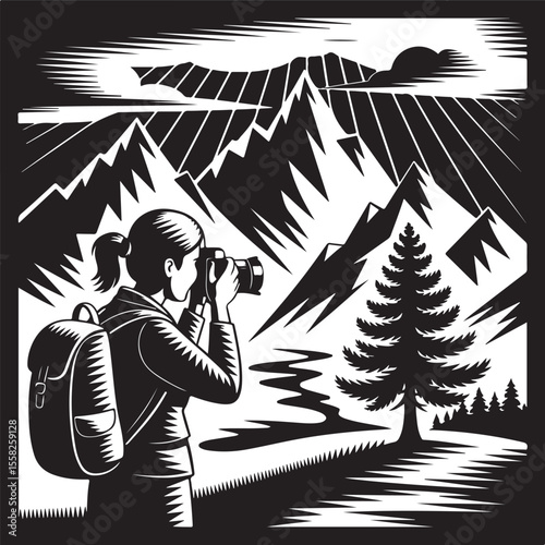 Mountain Photographer Silhouette Capturing Scenic Landscape in Nature