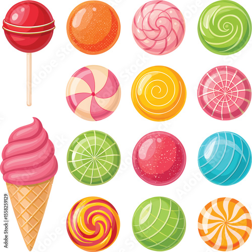 Assorted colorful lollipops and candies isolated on white background