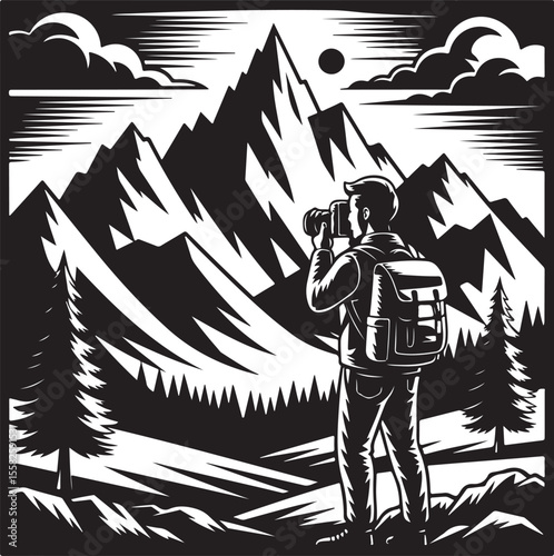 Mountain Photographer Silhouette Capturing Scenic Landscape in Nature