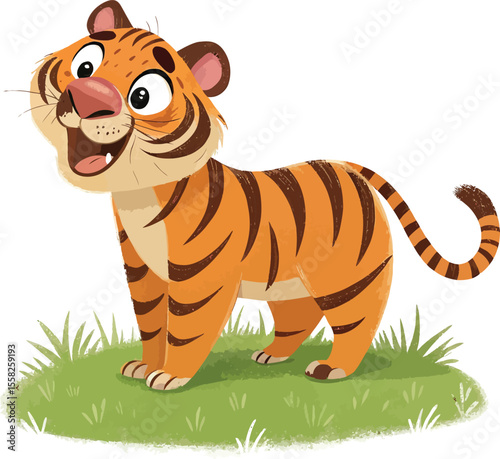 Adorable cartoon tiger cub standing in the grass isolated on white background
