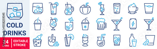 Cold drinks web line icons. Sparkling water, iced coffee. Vector illustration. editable stroke