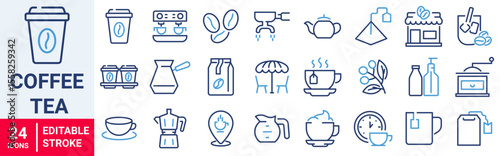 coffee and tea line web icons. iced, maker machine, beans, Espresso cup. Collection of Outline Icons. Vector illustration.